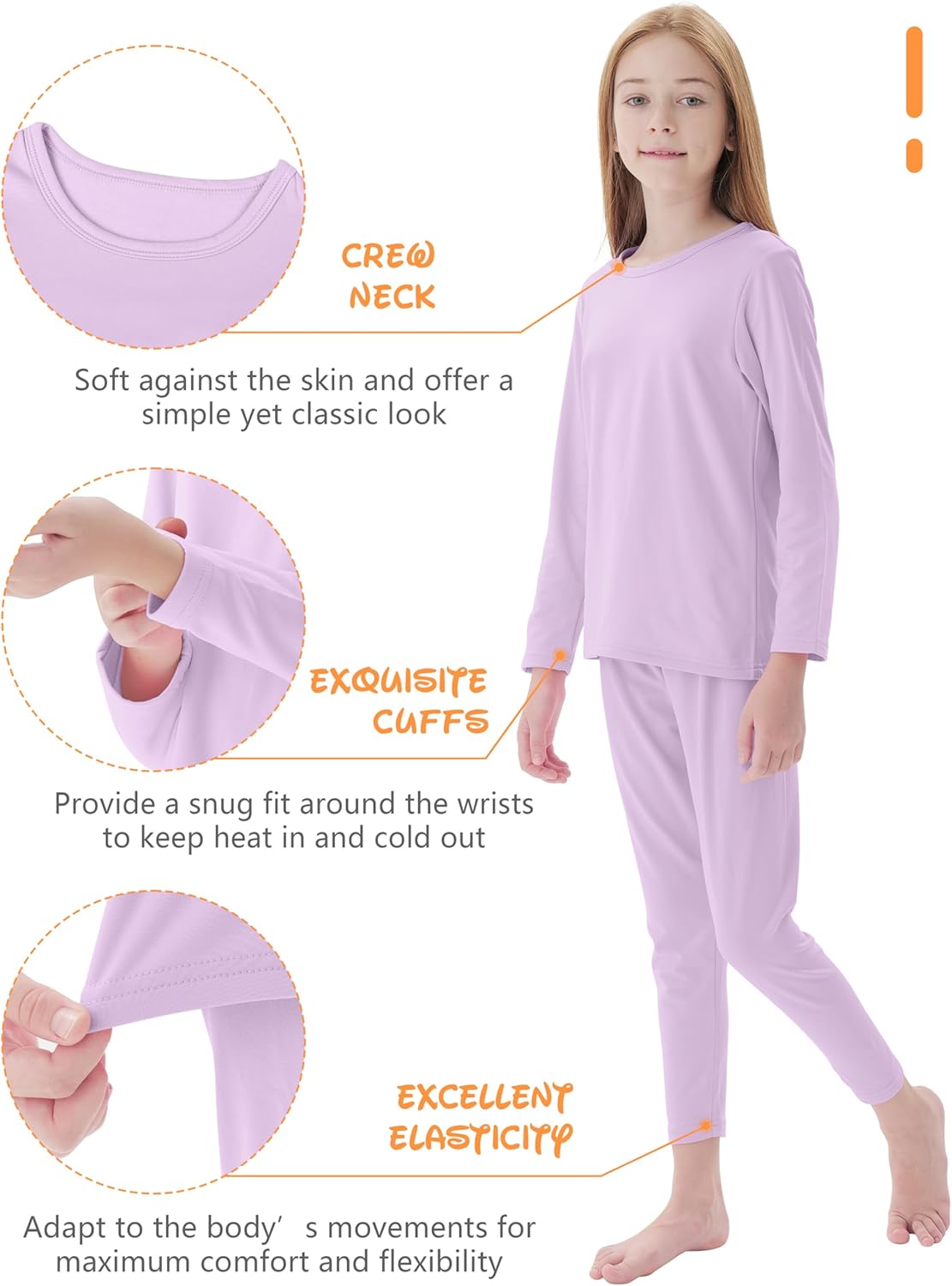 Resinta 3 Girls Thermal Underwear Set Soft Winter Thermal Top and Bottom with Fleece Lined Base Layer Long Johns for Kids