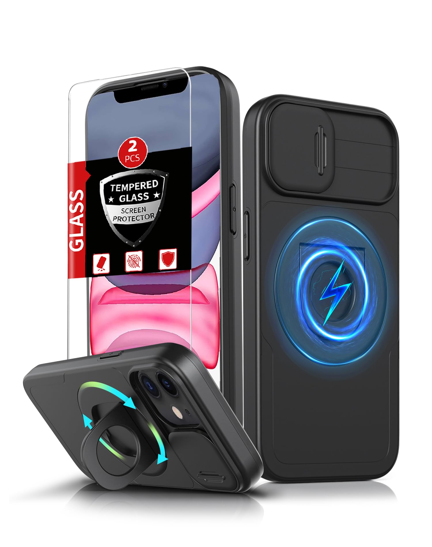 FRLMOOES for iPhone XR Case Magnetic Compatible with MagSafe Wireless Charging,with 2 Screen Protectors,Built-in Kickstand Ring,with Camera Cover