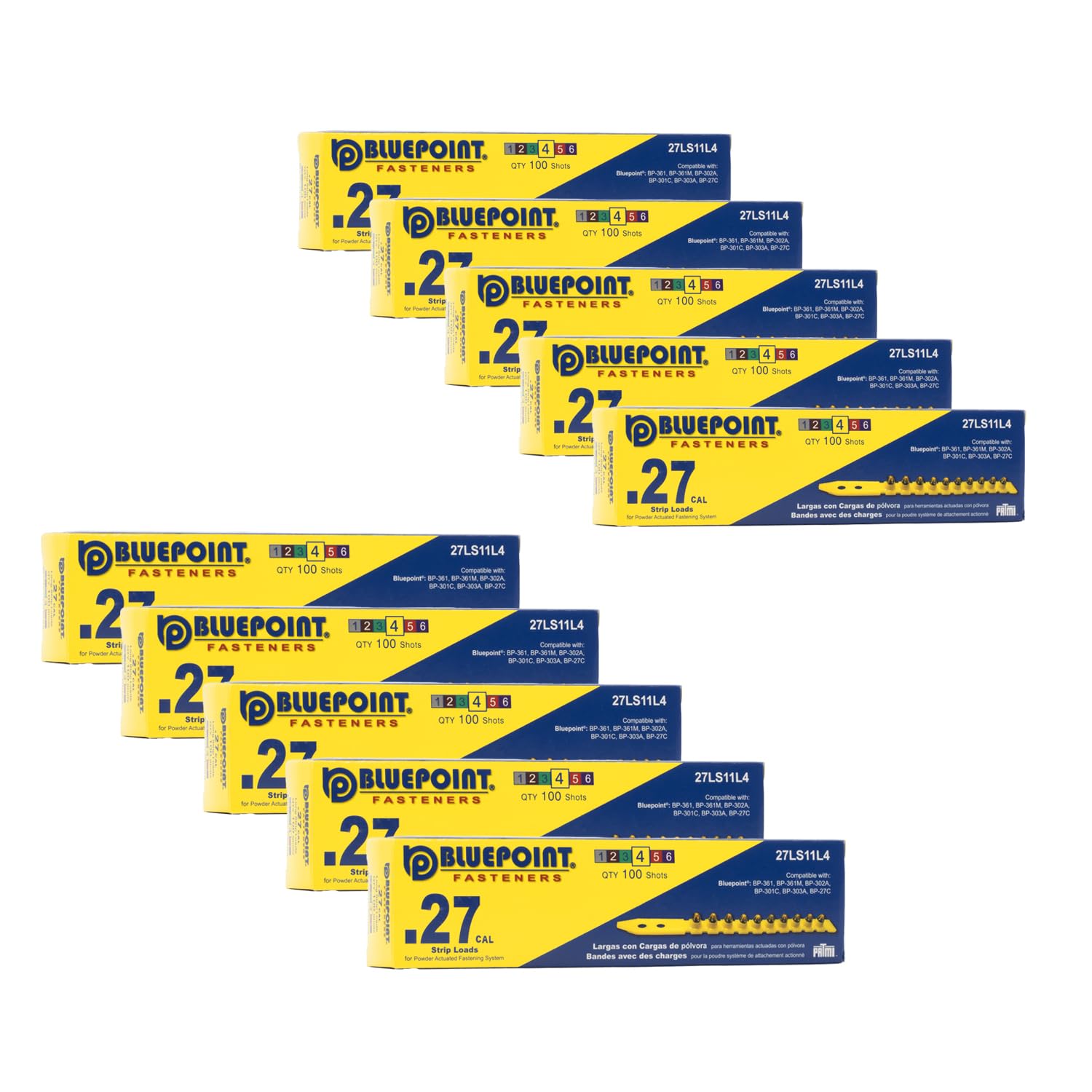 BLUEPOINT .27 Caliber Yellow Strip Powder Loads for Power Actuated Fastening System (1000 Count). Item# 27LS11L4. Ideal for Reliable Fastening Applications. 10-Pack Save $30
