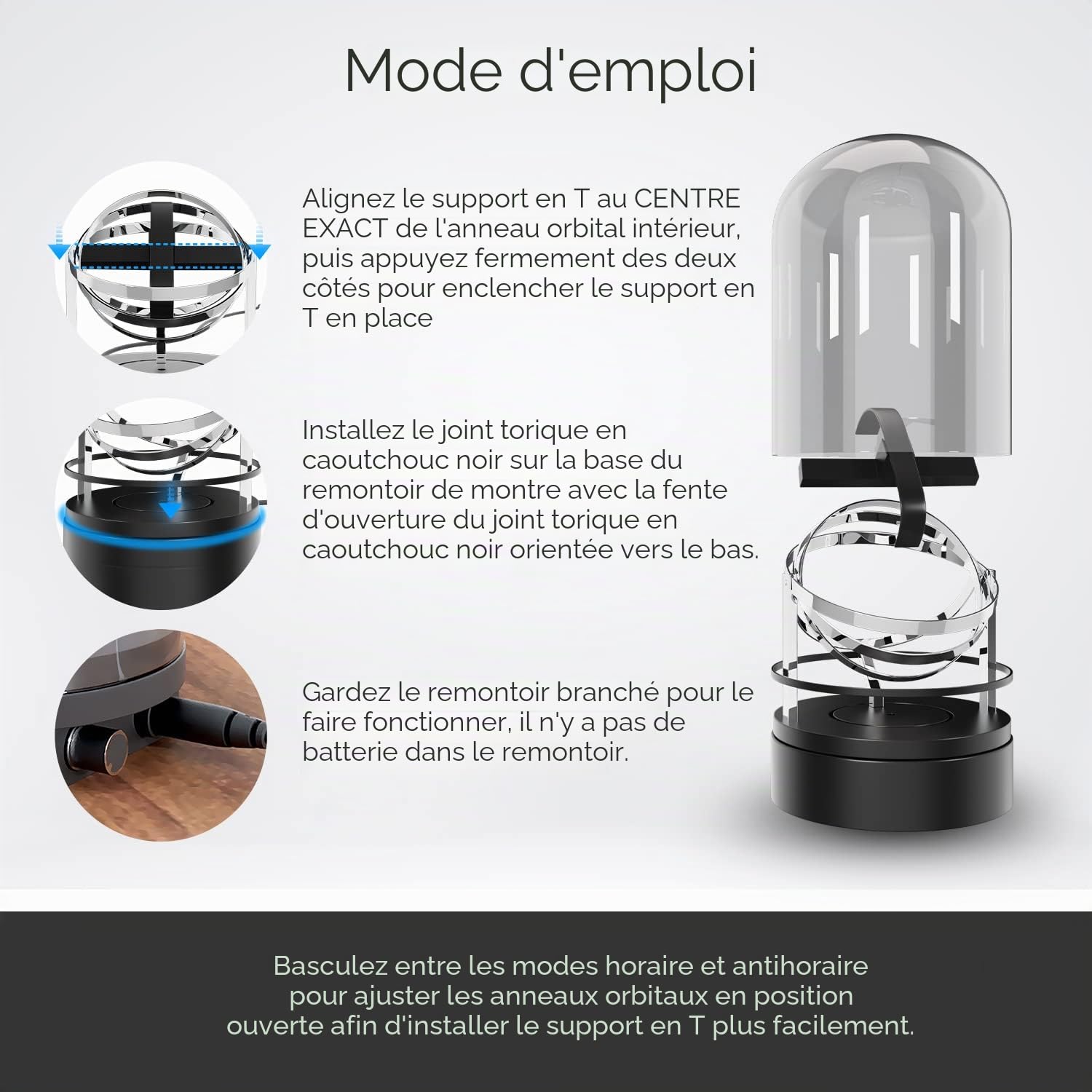Elestoria Remontoir de montre Orbit - Remontoir de montre automatique avec couvercle en verre | Moteur silencieux, rotation gyroscope, boîte de remontoir mécanique de luxe, Argenté, Rétro