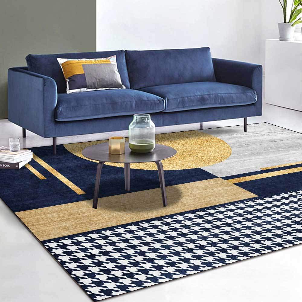 Tapis lavable et antidérapant 110x190 cm à motif géométrique bleu