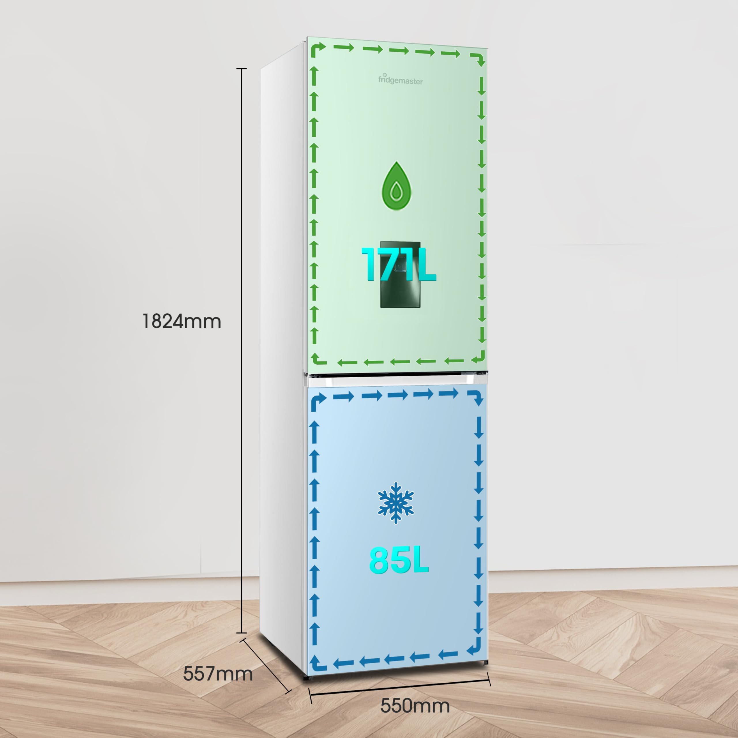 Fridgemaster MC55251DE 55cm Freestanding 256 litre 50/50 Fridge Freezer with Non-plumbed Water Dispenser - Frost Free - LED Lighting- 4 Star Freezer Rating -White - E Rated, H182.4 x W55 x D55.7 (cm) — view 3