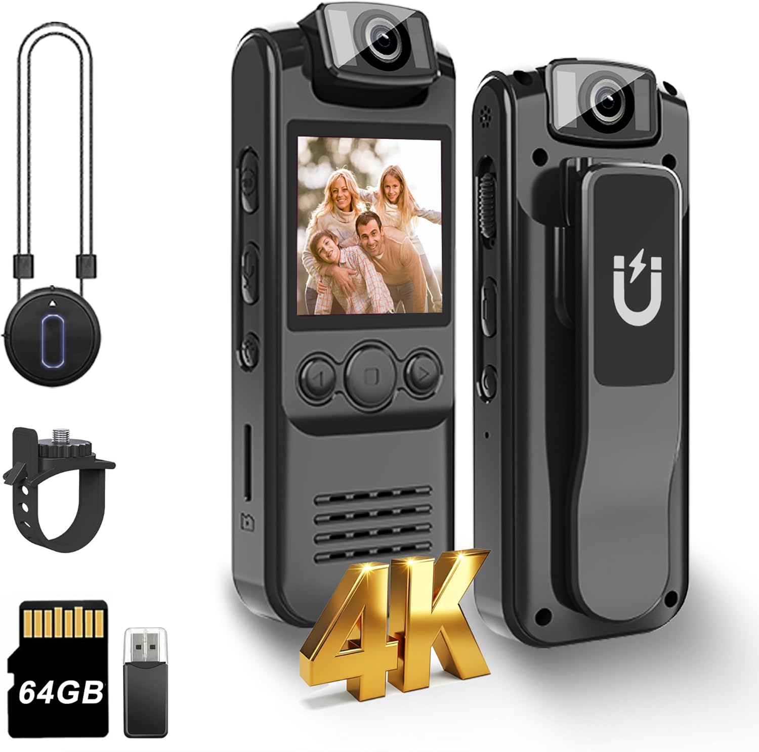 4K Body Camera with Audio and Video Recording, 64GB Mini Wearable Cam with Magnetic Lanyard, Body Worn Camera for Travel, Cycling, Work Security, Police Law Enforcement