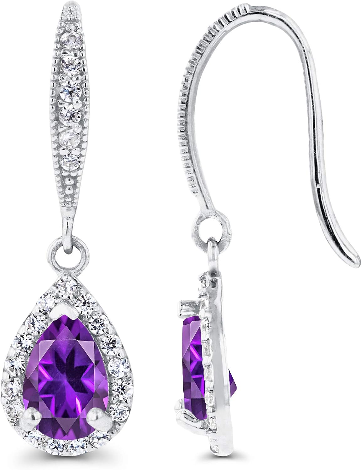 Solid 14K Gold 7x20mm Pear Shaped Genuine Birthstone Fish Hook Dangling Earrings For Women | 6x4mm Round Birthstone | 1mm Created White Sapphire Halo Dangle Earrings For Women