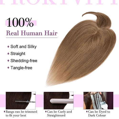 Miniatura 4 de Toppers de cabello humano real para mujer, con cabello delgado, 100% cabello humano con flequillo, 2.7 x 5.1 pulgadas, 150% densidad, piezas de