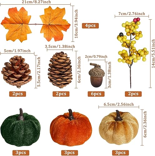 Miniatura 2 de Artmag Juego de calabazas de tela, 25 piezas de hojas de arce artificiales de otoño, calabazas de cosecha, bellotas, piñas y tallos de bayas