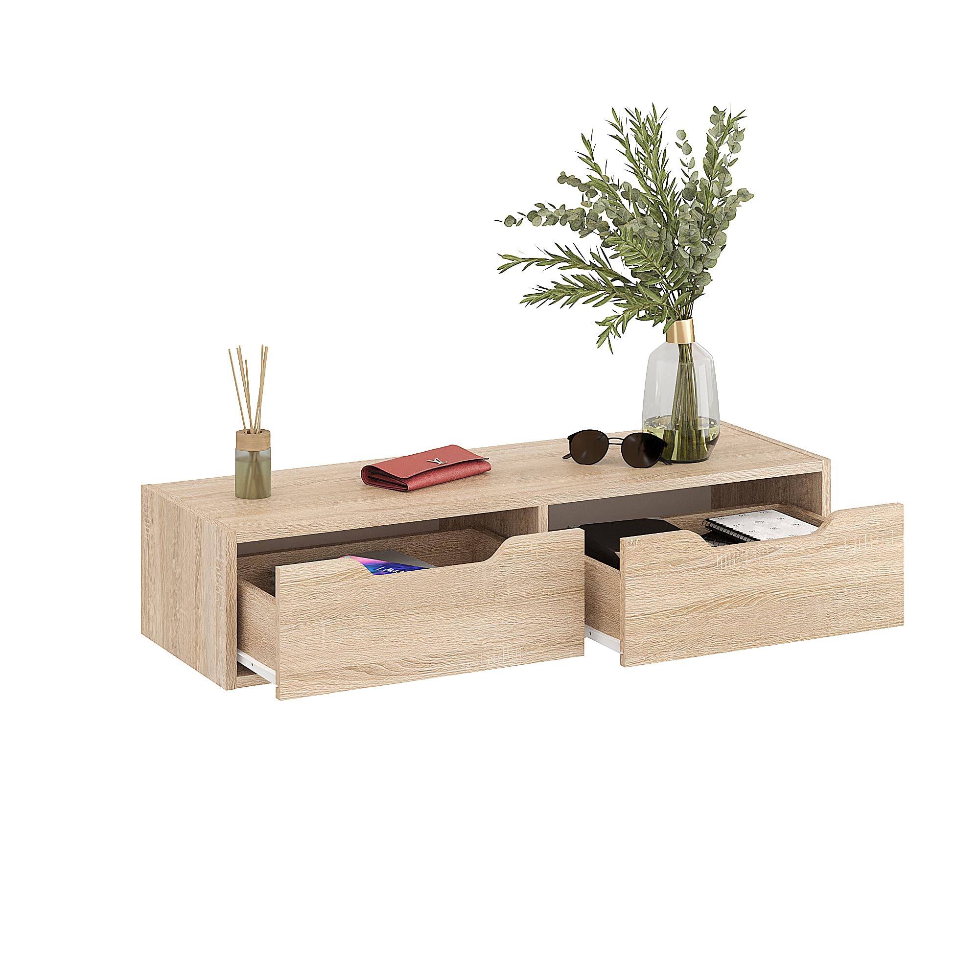 KOMTO Wandregal Sonoma Eiche mit 2 Schubladen – Wandkommode für Schlafzimmer, Garderobe Hängeschrank, Schminktisch Wandmontage, Wandschublade