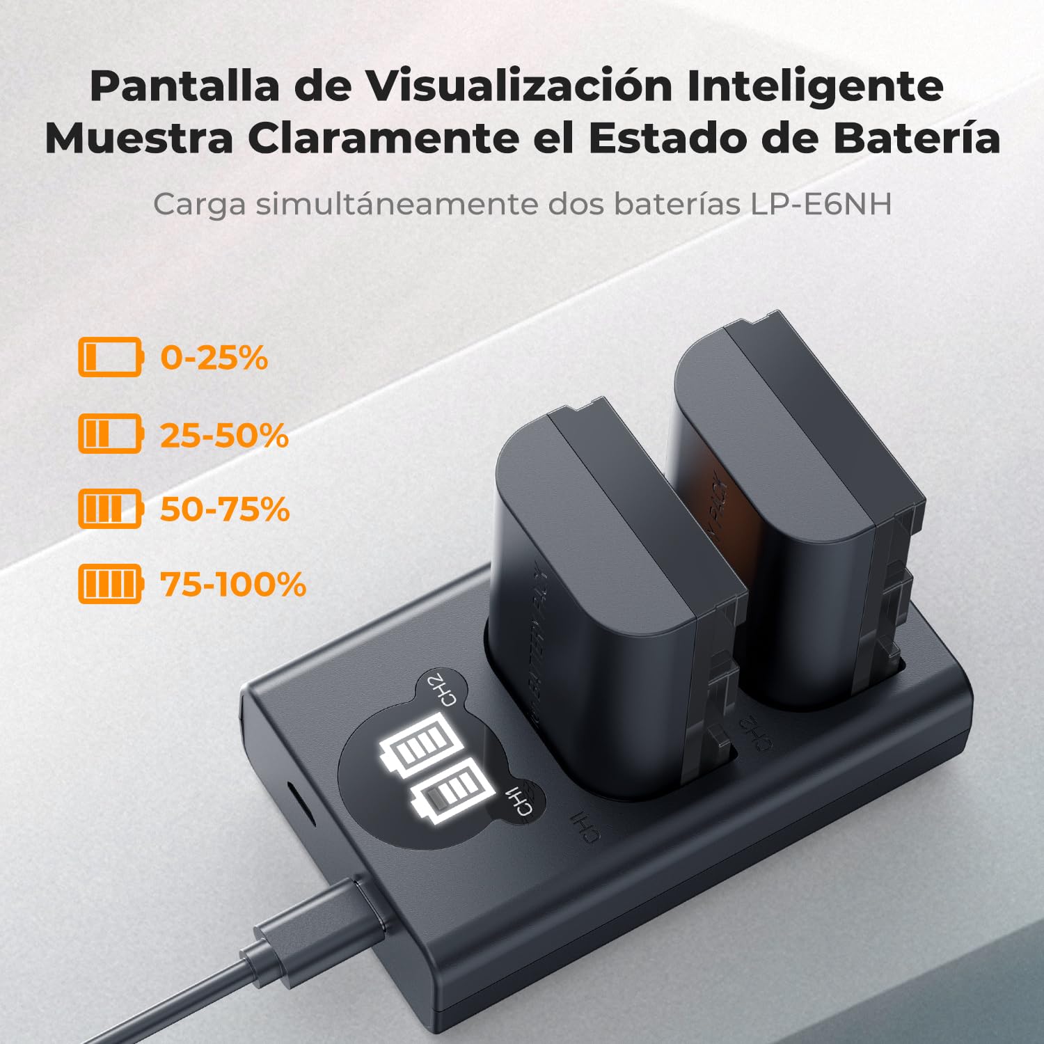 K&F Concept LP-E6NH 2600mAh Baterías Cargador de Doble Ranura con Pantalla LCD, Compatible con Canon EOS R7, R6, R5, 5D Mark II/III/IV, 6D, 6D Mark II, 7D II, 90D, 80D y 70D