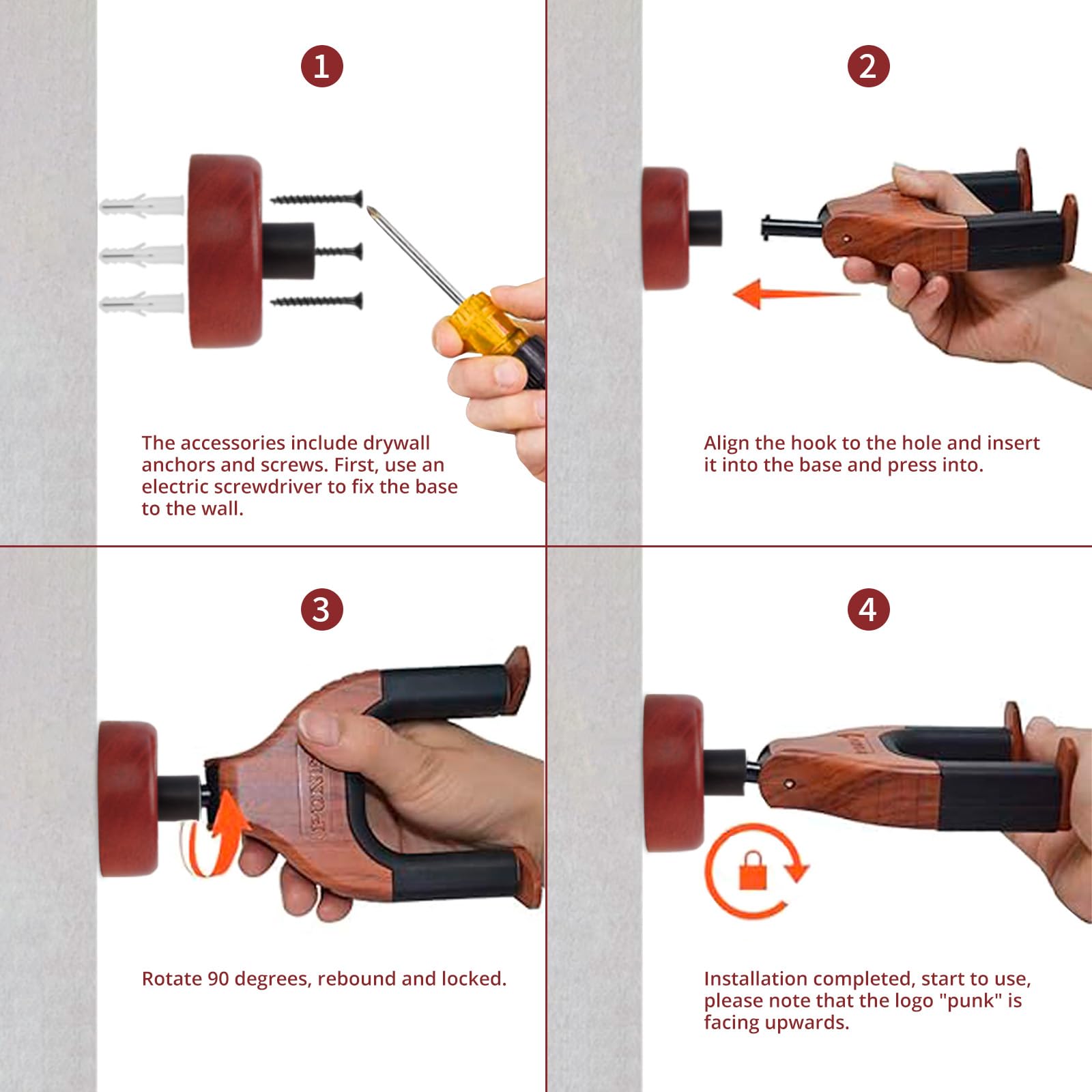 Ganci Parete Per Chitarra 2 Pezzi - Con Blocco Automatico E Base Mogano Per Chitarre E Bassi
