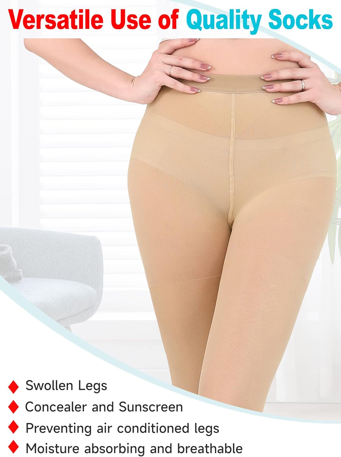 AMZAM Sheer Compression Pantyhose for Women, Waist High 15-20 mmHg Graduated Compression Stocking, Closed Toe, Comfortable Support Hose for Ladies, Improve Circulation, Relief Swelling, Beige L - Image 3