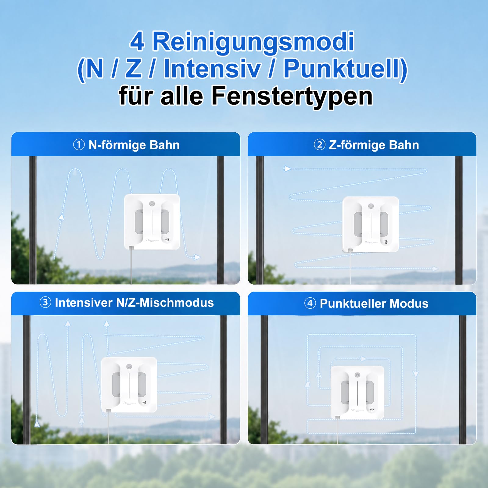 Fensterputzroboter mit 4-Fach Sprühsystem, Automatische Fensterreinigung für rahmenlose & gerahmte Fenster