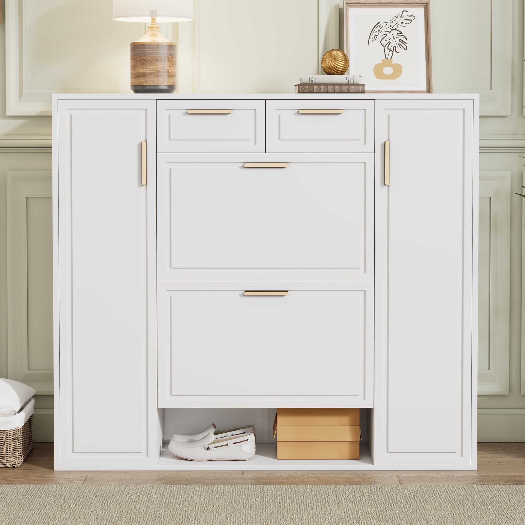 Armadio scarpiere moderno, con ripiani regolabili, maniglie dorate, 2 cassetti, armadio scarpiere ribaltabile, 2 ante, bianco, L120/P24/A107 cm