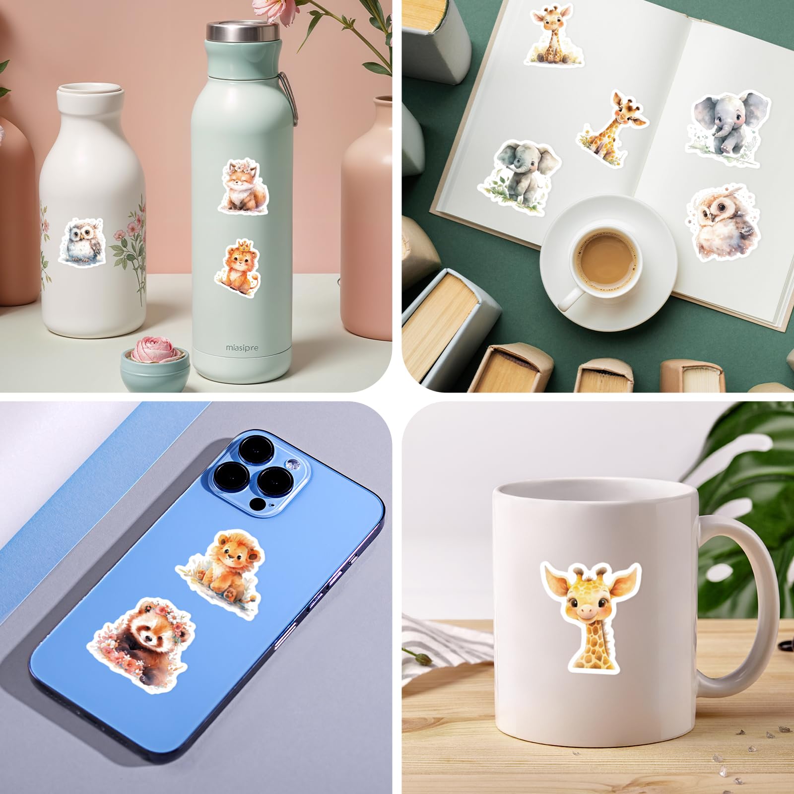 Zestaw 50 uroczych naklejek ze zwierzętami dla dzieci, akwarelowe słodkie naklejki Kawaii Safari, wodoodporne samoprzylepne naklejki ze zwierzętami na laptopa, album z wycinkami, butelkę wody