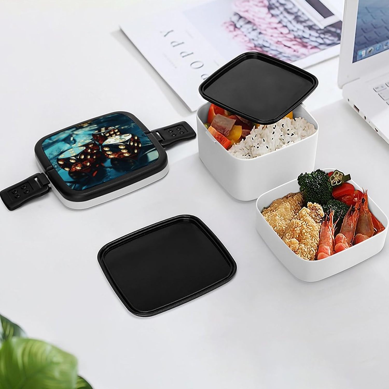 Adult Lunch Box Dice Graphics Printed Bento Box Portable Lunch Box with Spoon And Handle Bento Boxes for Workand Picnics