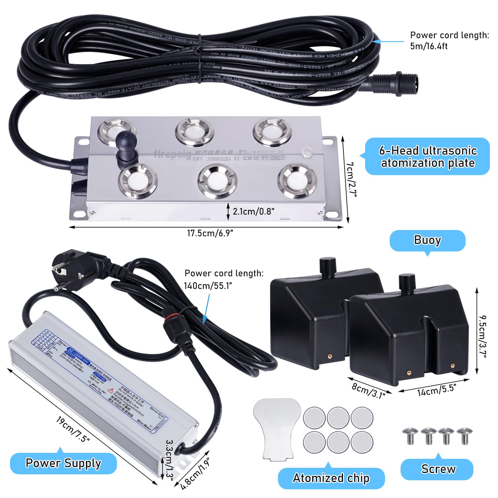 6 Cabezal Nebulizador Ultrasónico Hacedor de Niebla con Flotador Rociador de Estanque 5.5L/H Halloween Mister Fogger 250W Humidificador de Niebla a Prueba de Agua Invernadero de Conservación