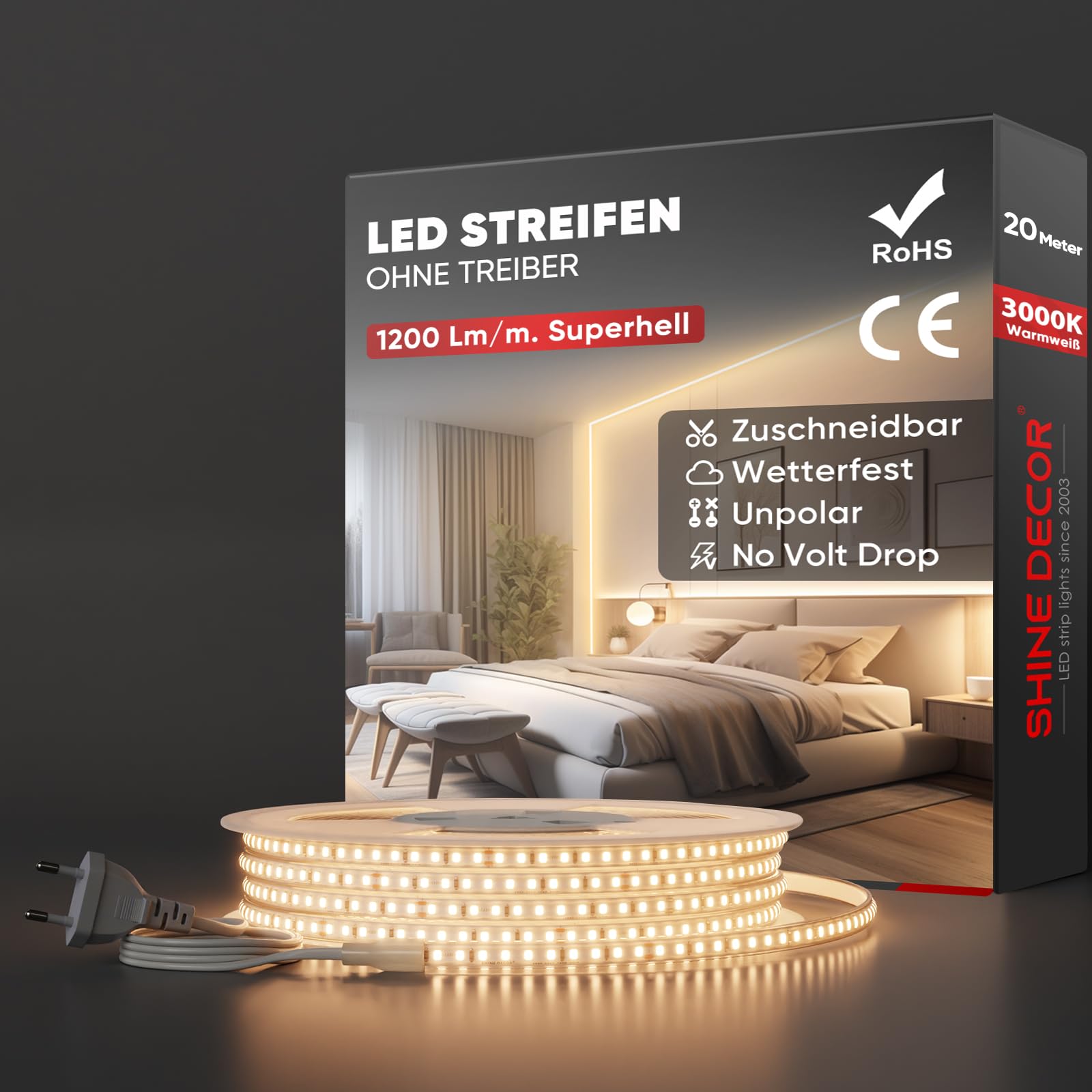 Shine Decor LED Streifen, AC 220V 230V IP65 Wasserdicht LED Band, SMD 2835 120 leds/m Ultrahohe Helligkeit Lichtleiste für Home Decoration Küche Garten LED Beleuchtung