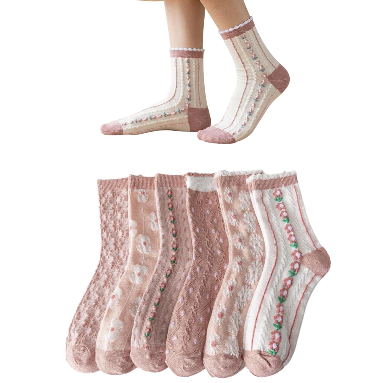 momisy Women's and Girls Cotton Floral Crew Socks, Pink Embroidered Knit, 6 Pairs-picture-25