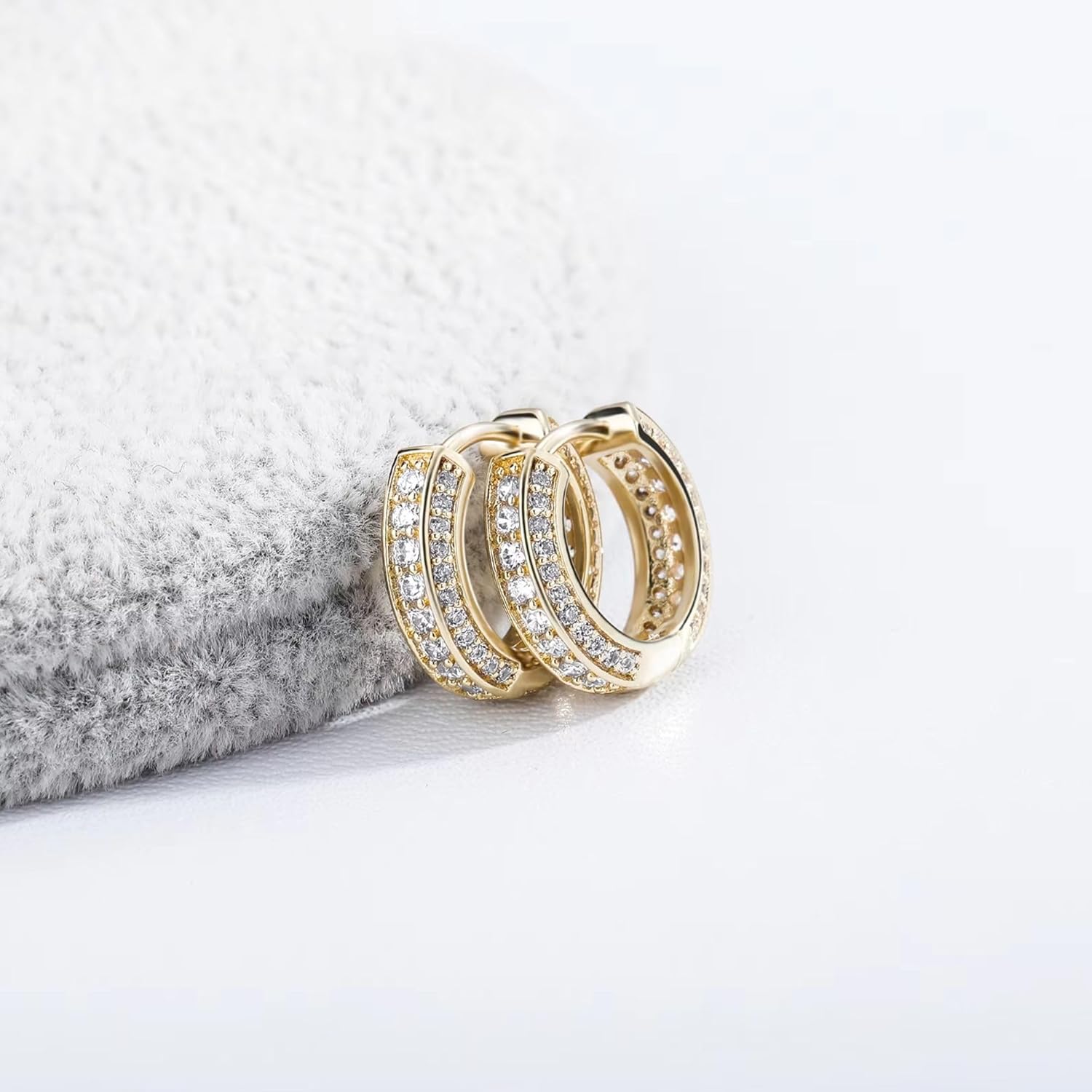 QueenBee 14K Gold Plated Huggie Hoop Earrings for Women – Sparkling Double Row Cubic Zirconia Small Hoops, Hypoallergenic Pave Leverback Earrings, Trendy Jewelry Gift for Her