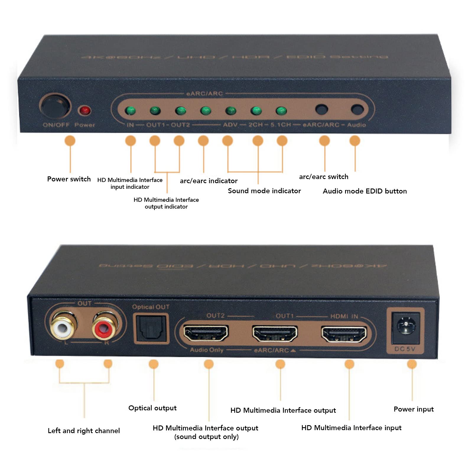 Convertidor Extractor de Audio 4K 60Hz EARC ARC, HDR HDMI a HDMI RCA óptico 7.1/5.1CH Estéreo 3.5 Mm, Compatible con HDCP 2.2 HDR, UHD, HLG, para Dolby Vision