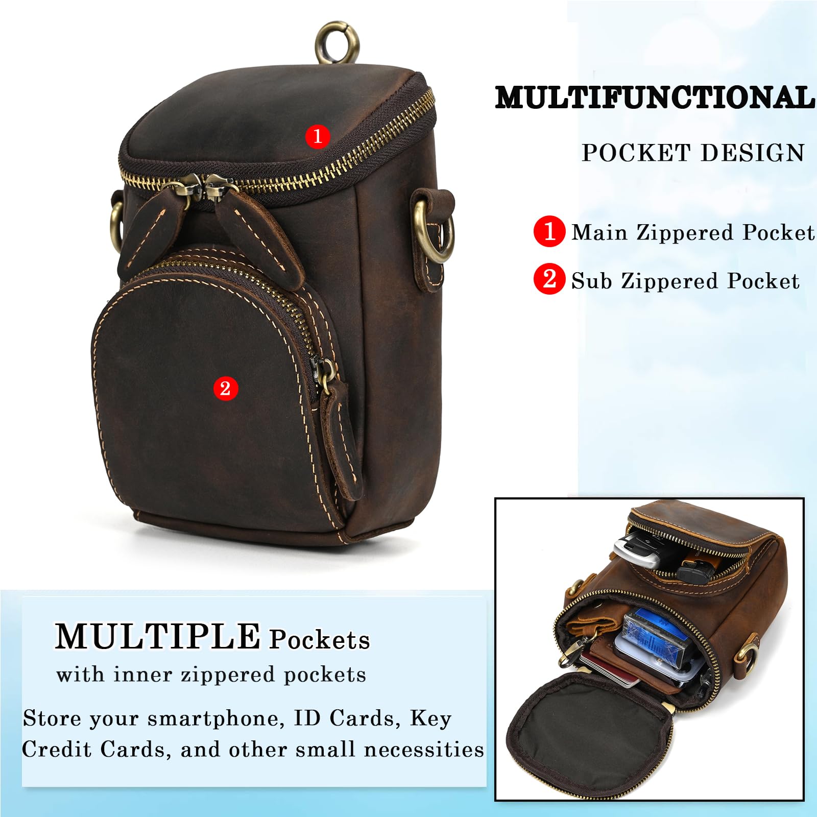 Mini Mens Genuine Leather Messenger Shoulder Bag Motorcycle Bike Riding Cycling Multi Waist Fanny Pack Small Leather Leg Bag for Wallet Coin Key iPhone 9391 Dark Brown - Image 3