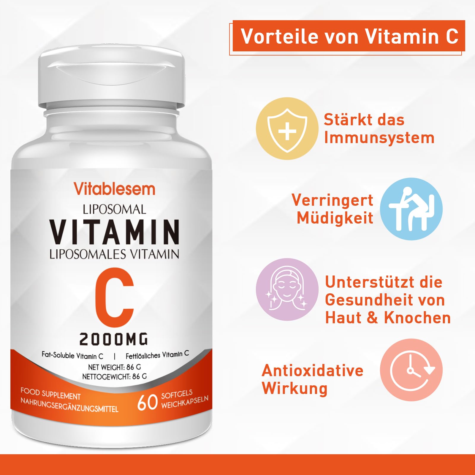 Liposomale Vitamin C Kapseln 2000 mg - Hochdosiert Glutenfrei & Ascorbinsäure - Immununterstützendes Antioxidans - Non-GMO