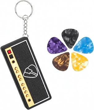 Guitar Picks Holder Box with Guitar Keychain, Amp Speaker Styled Pick Holder with 5 Celluloid Guitar Picks, Guitar Pick Storage Box Set for Guitar Players and Music Enthusiasts