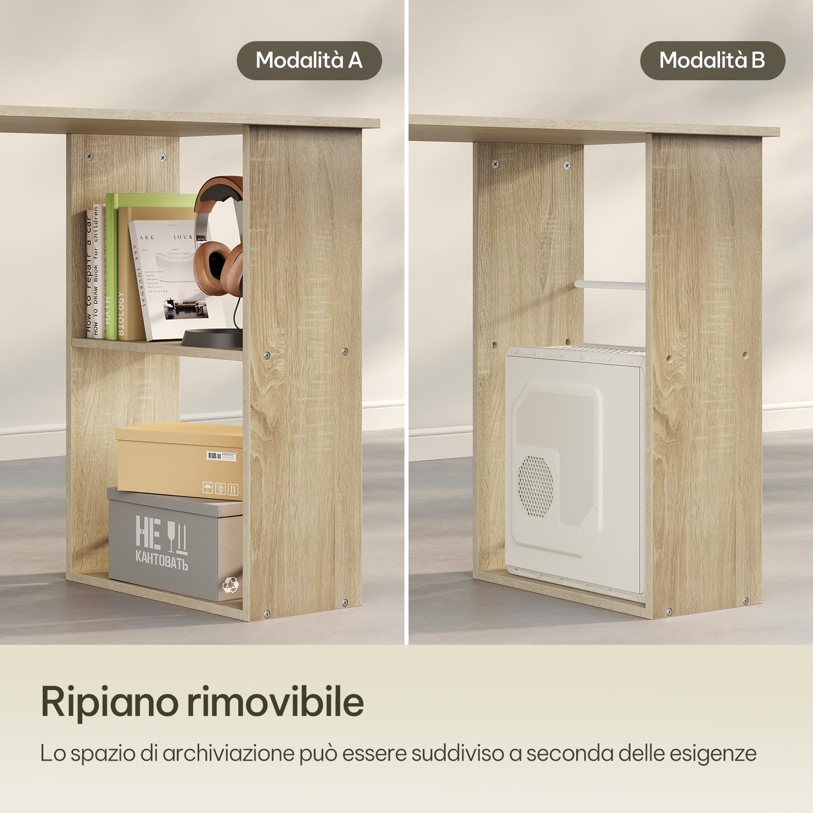 eSituro Scrivania Ufficio Compatta con Libreria Integrata - Design Salvaspazio per Studio/Camera, 120x55x122 cm, Bianco Lucido e Rovere Naturale