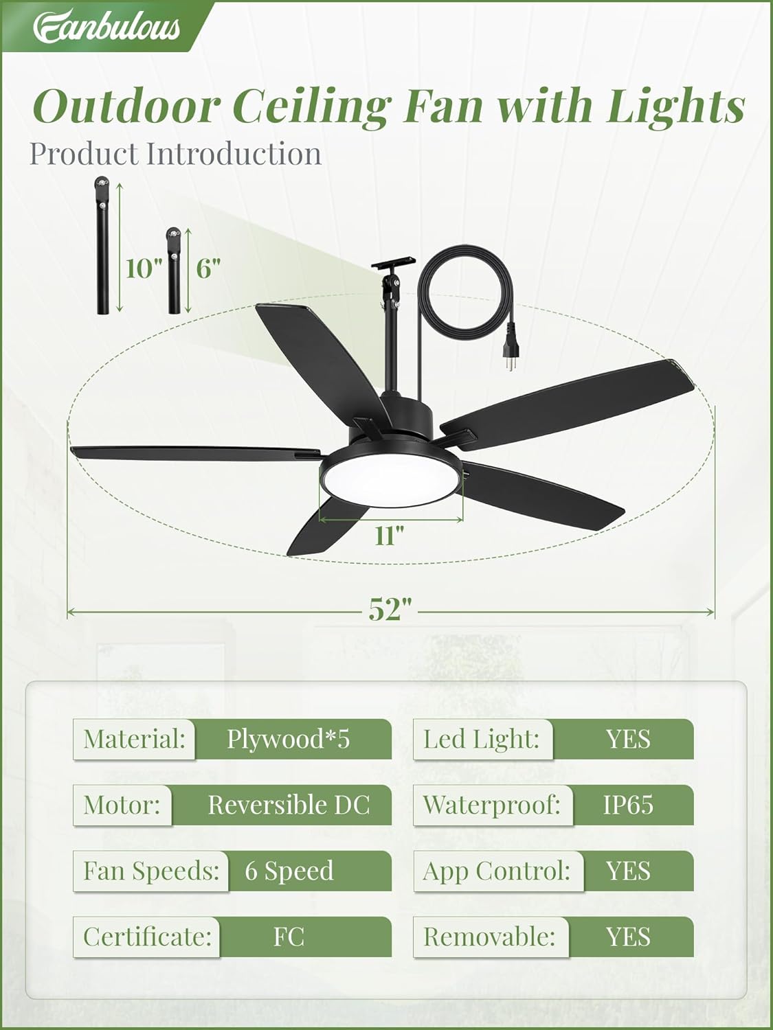 Fanbulous 52'' Outdoor Ceiling Fans with Light and Remote,IP65 Wet Rated Waterproof Ceiling Fan with 6-Speed DC Motor, Farmhouse Gazebo Fan for Porch Patios Pavilion(Black)