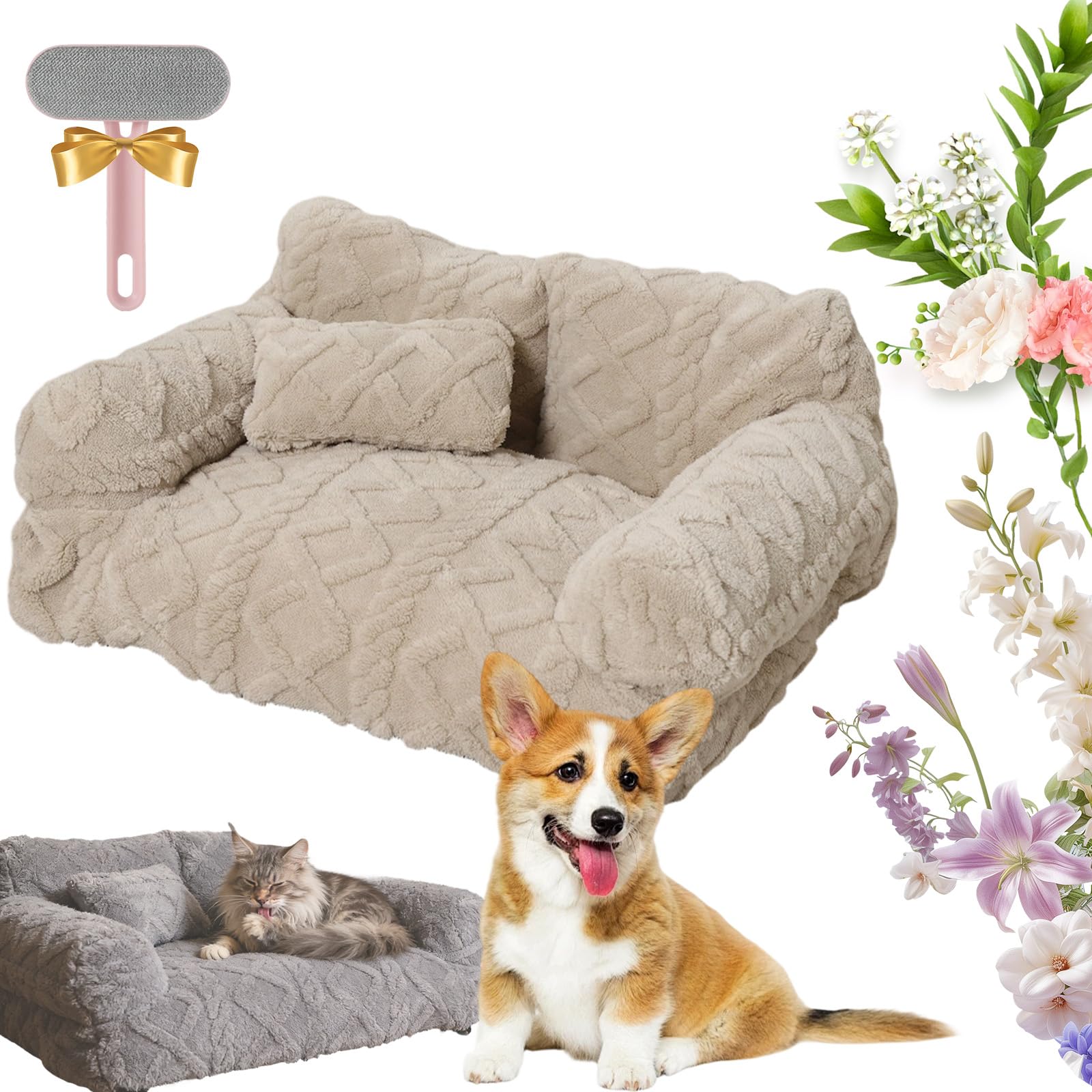Snrtevu 2026 New Plush Calming Pet Sofa Bed, Plush Calming Pet Sofa Bed With Removable Cover, Washable Orthopedic Dog Bed With Edge, Increases Deep Sleep, Reduces Separation Anxiety (Beige,80 * 50cm)