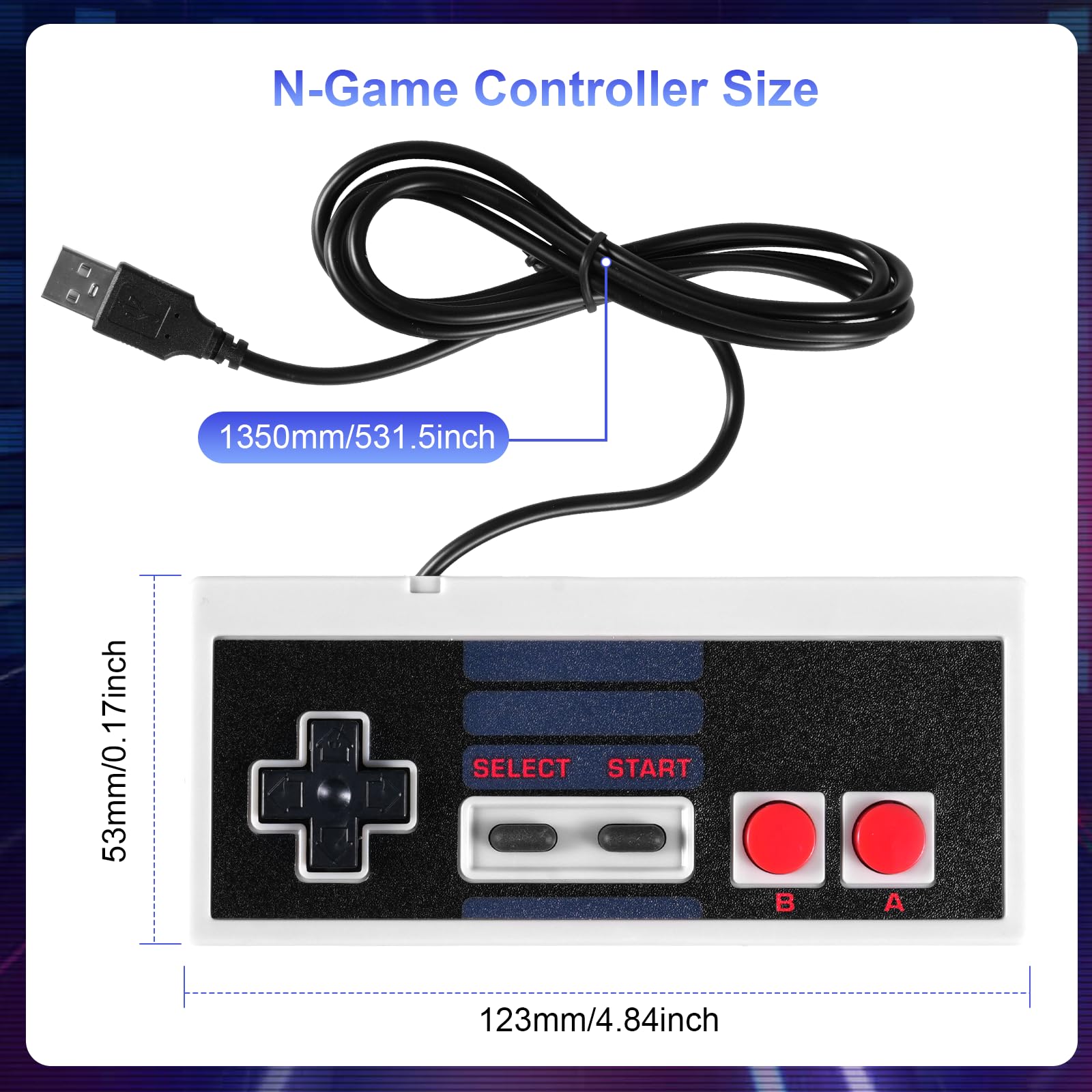 Binghe NES Game Controller, Controlador de juegos NES con USB Interfaz Modelo clásico Compatible con Nintendo NES/PC/M-A-C/Raspberry Pi 3(2 Piezas) - 5