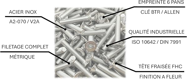 Vis INOX M3x5 mm tête fraisée BTR Ø 3x5 mm | Vis M3 x 5mm FHC à 6 pans creux (clé allen) | Acier Inoxydable A2-70 (V2A/304) | ISO 10642 / DIN 7991 : LOT DE 5 Pcs - 5