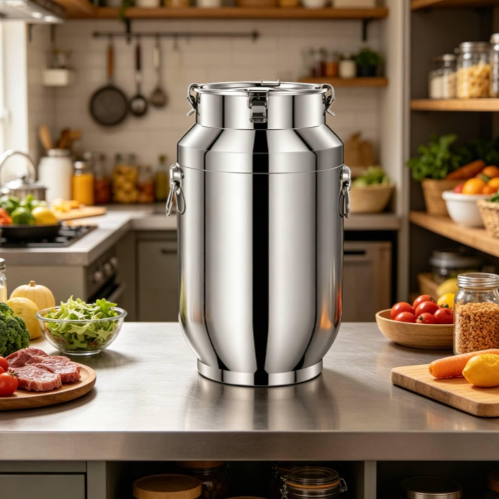 Seau Hermétique Inox Acier Inoxydable Récipient à Double Anse Anti-Humidité, 20L