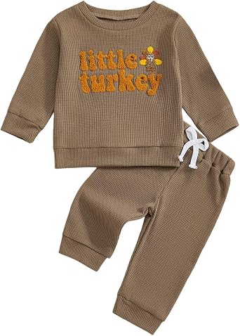 Toddler Baby Boy Girl Thanksgiving Outfit Little Turkey Embroidery Waffle Knit Sweatshirt Pants Set Cute Fall Clothes