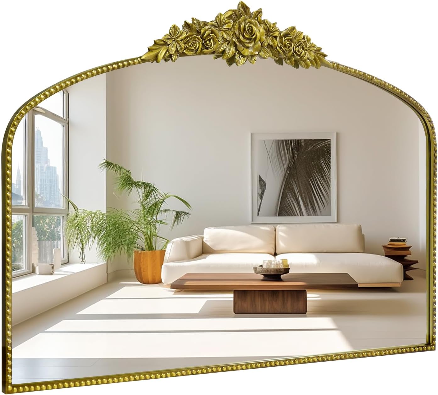 Antique Gold Arched Wall Mirror, 48"x30" Baroque Vintage Mirror with Ornate Metal Frame, Large Traditional Home Decor Bathroom/Wall/Vanity/Mantel/Bedroom/Entryway/Hallway