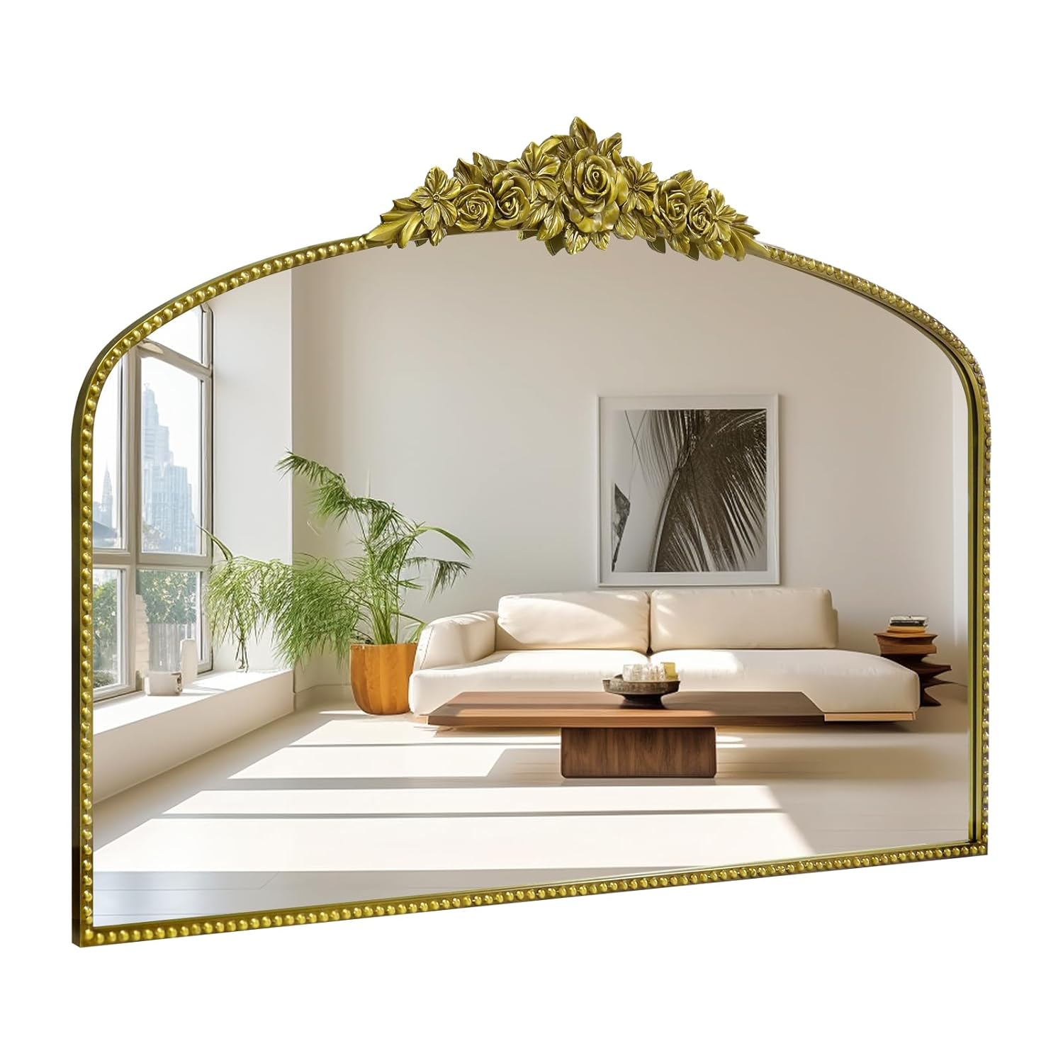 Antique Gold Arch Wall Mirror 48x30 Traditional Vintage Mantel Mirror with Ornate Metal Frame Baroque Home Decor for