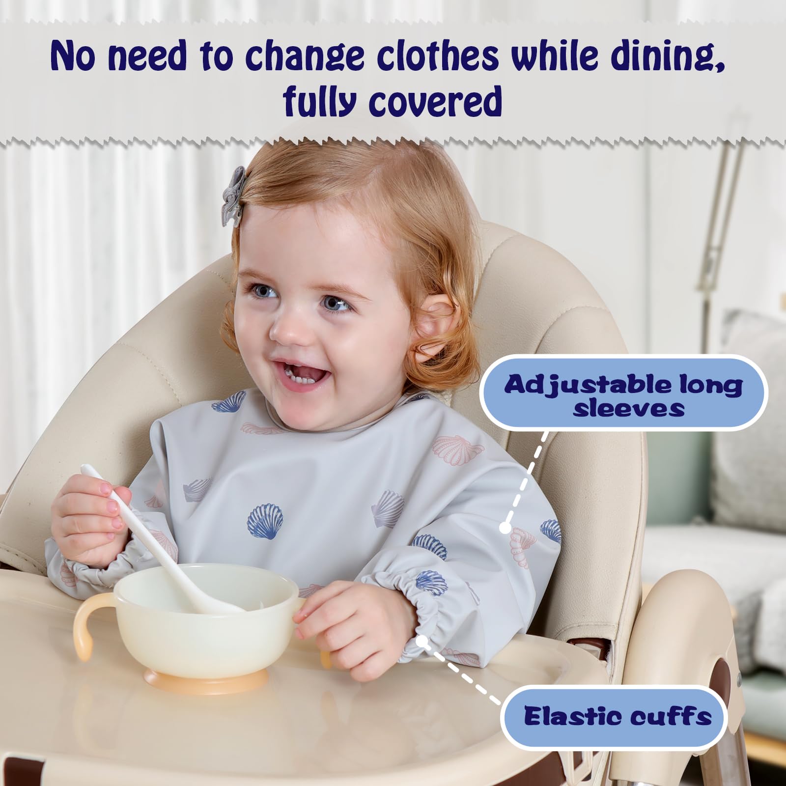 Zemiu Bavaglino per lo Svezzamento/Bavaglino per Bambini, 100% Impermeabile e in Morbido Materiale PU, Lavabile in Lavatrice, Tuta a Maniche Lunghe - Adatto per Bambini da 6 a 30 Mesi