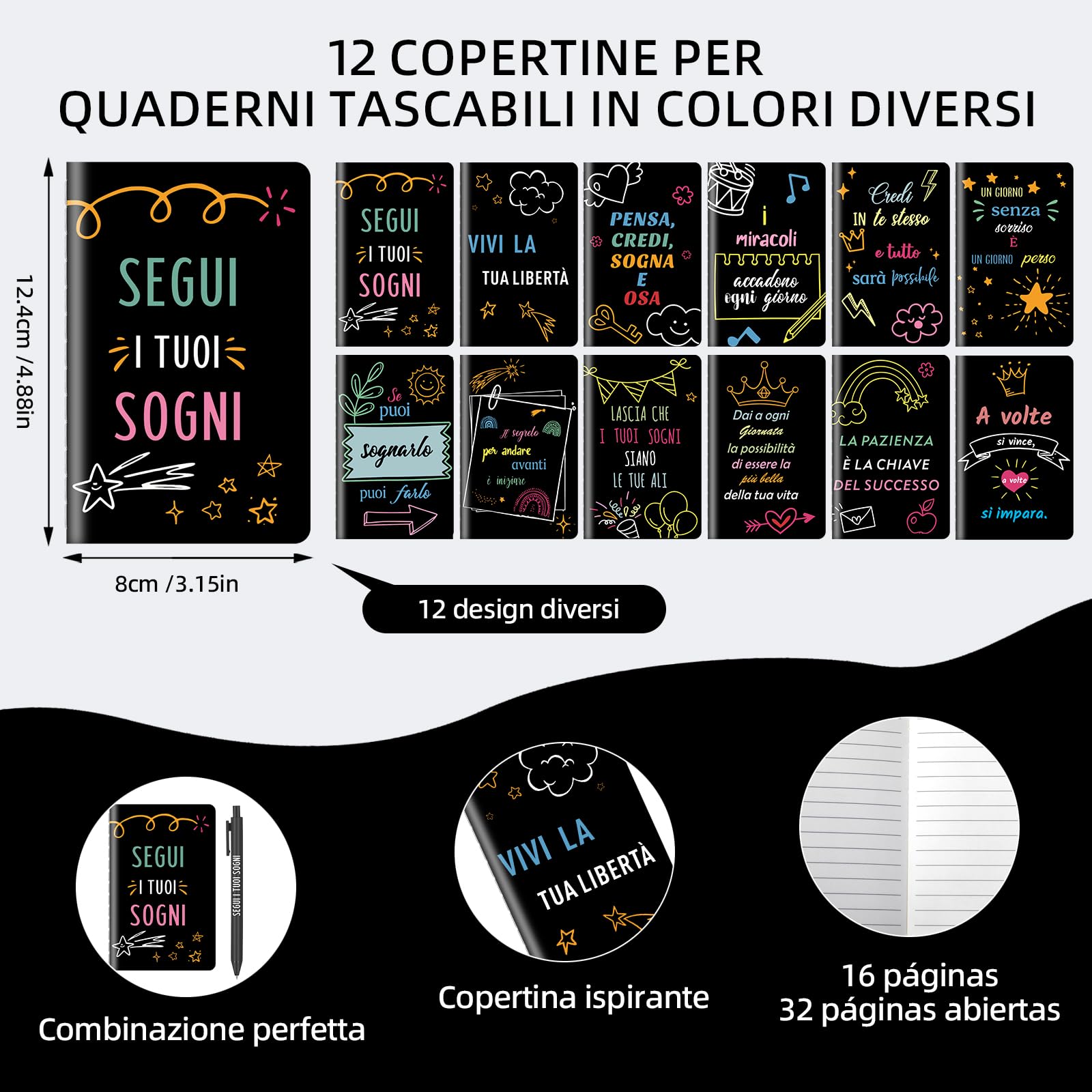 12 zestaw regalo citazioni motivazionali quaderni penne a sfera