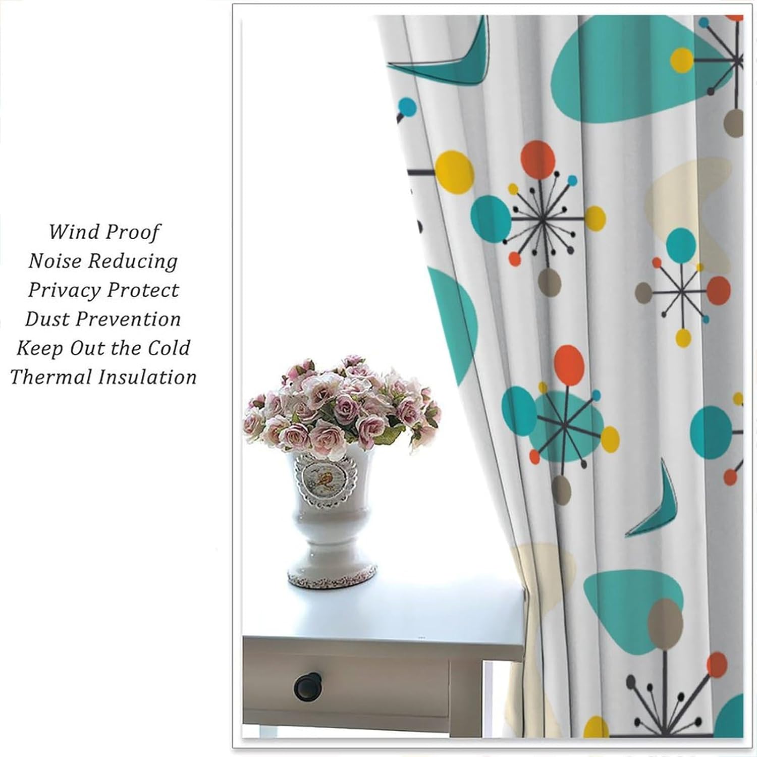 Mid Century Mordern Curtain, Retro Atomic Starburst Window Treatment for Bedroom Abstract Geometric Pattern 1950S 60S Vintage Drapes for Living Room Kitchen W42xL45in