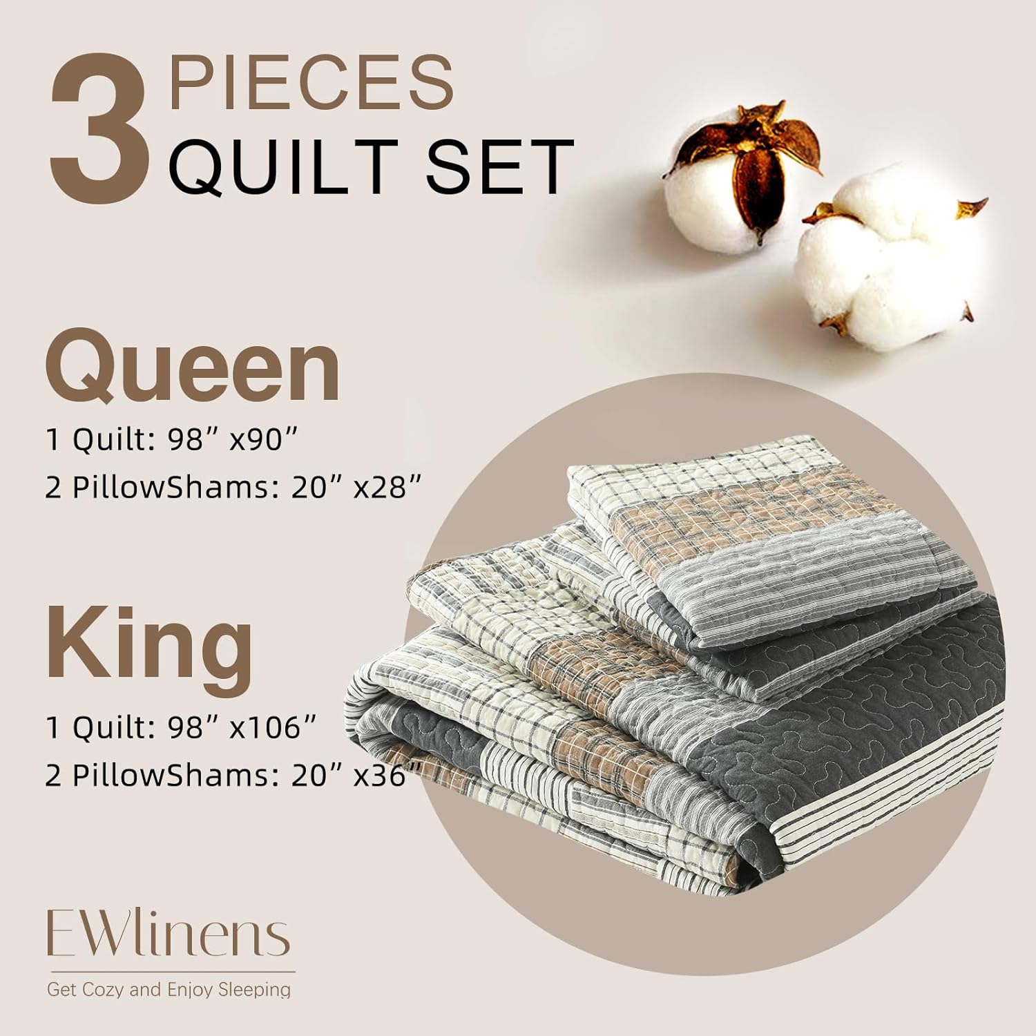 EWlinens 100% Cotton Quilts Queen Size - Farmhouse Queen Quilt Bedding Set Bedspreads Coverlets, Striped Patchwork Lightweight Comforter Set, 3 Pieces Set with 2 Pillowshams, White/Brown/Gray