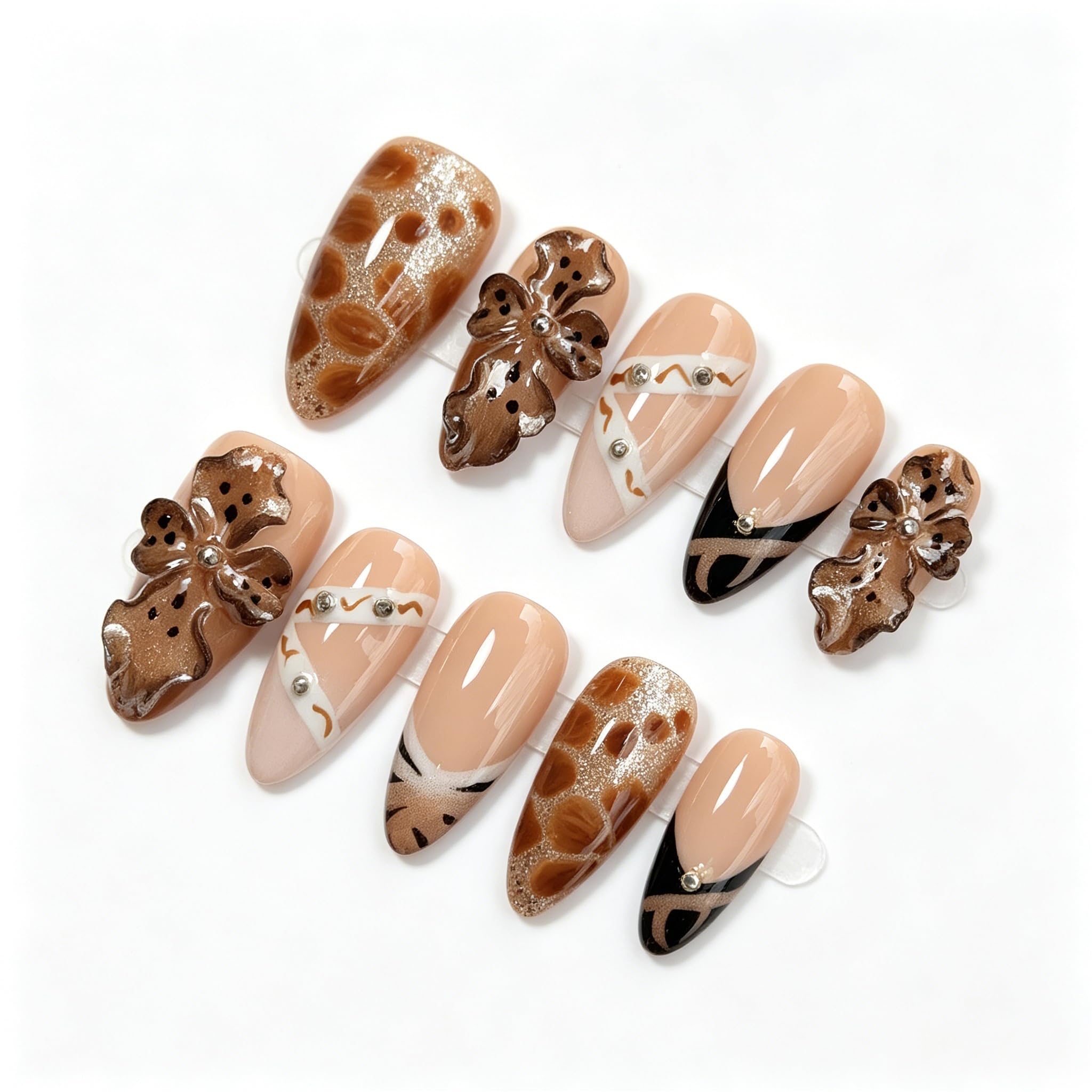 Photo 1 of Vlazryk Brown French Tip Almond Press On Nails with Rhinestone Flowers