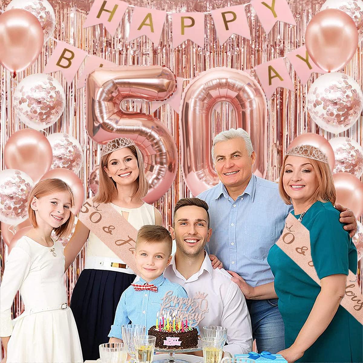 50th Birthday Decorations Women, Happy 50th Birthday Banner, Crown, Sash, Cake Topper and Number Balloon, Rose Gold 50 Birthday Party Decorations for Women - Image 6
