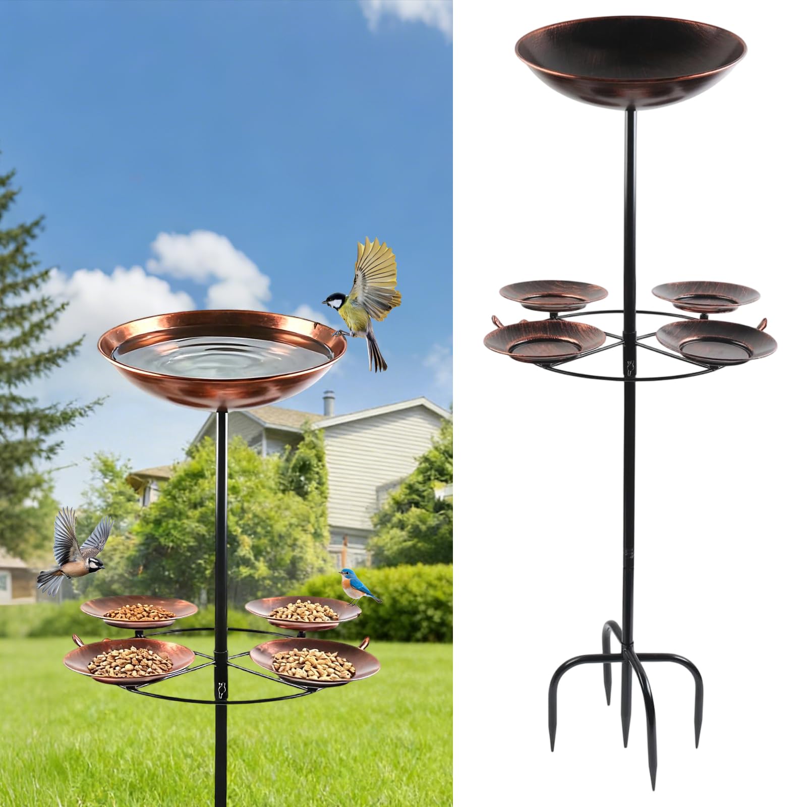 Vogeltränke aus Metall für den Garten, 106,7 cm, freistehende Vogeltränke im Vintage-Stil | Freistehende Vogeltränke für den Außenbereich, Vogelfutterstation mit 5 Zinken, für Dekoration, Garten, Terrasse, Hof