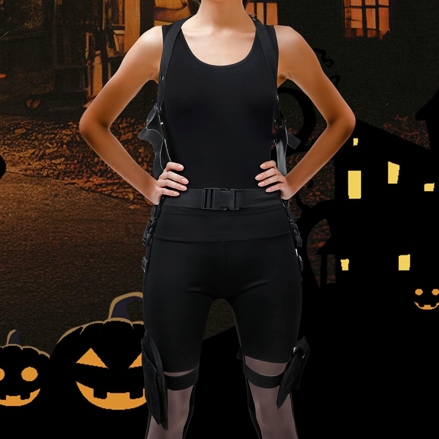 Jiuguva 5 Pcs Halloween Thigh Holsters Costume Includes Black Racerback Sleeveless Crop Tank Tops Running Shirt Spandex Shorts for Women Half Finger Driving Gloves Drop Leg Gun Holster Drop Leg Pouch - Image 7