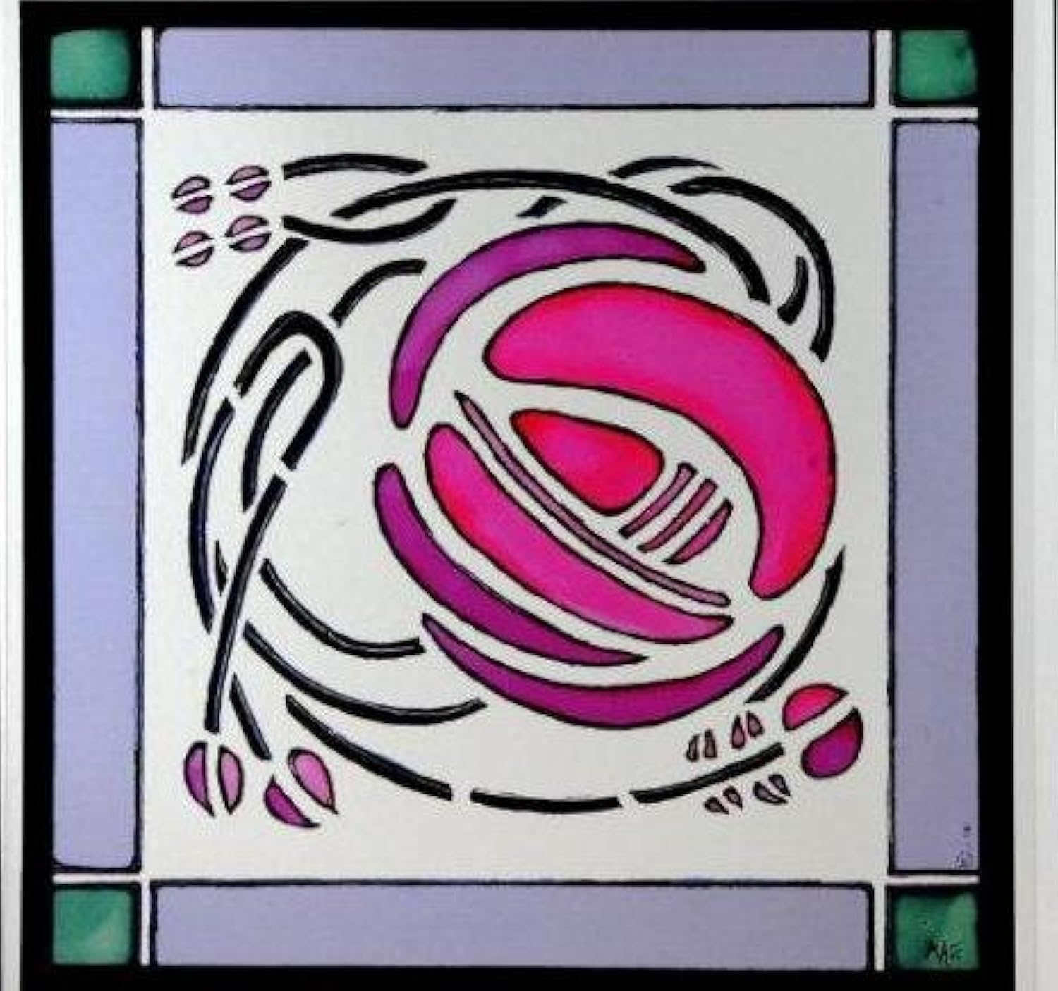 Winged Heart Presented By Celtic Glass Designs Red, Mauve, Green, Black, White Static Window Cling In A Mackintosh Windyhill Rose Design