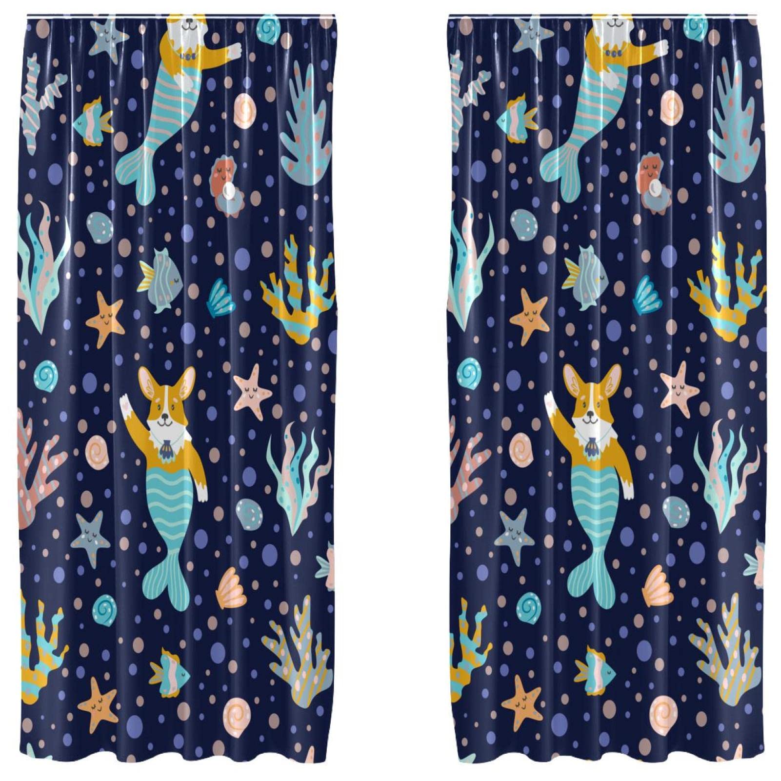 Rideaux motif sirène Corgis bleu pour chambre d'enfant lumineuse