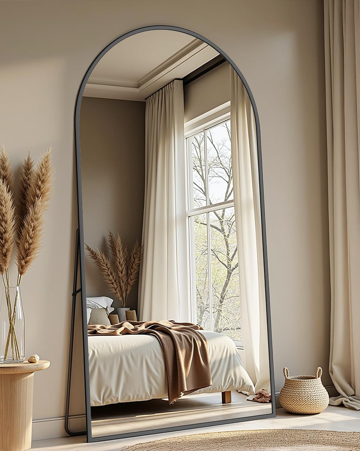 full length mirror with stand, 82"x44" arched full body mirror, large stand up mirrors, aluminum frame floor standing mirrors, freestanding hanging leaning mounted for bedroom living room black