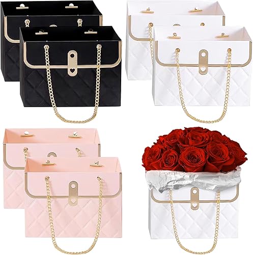 Caja de regalo de papel de flores con cadena de metal, 6 unidades, cubo de almacenamiento de ramos, bolsa de floristería con asa, estuche de regalo