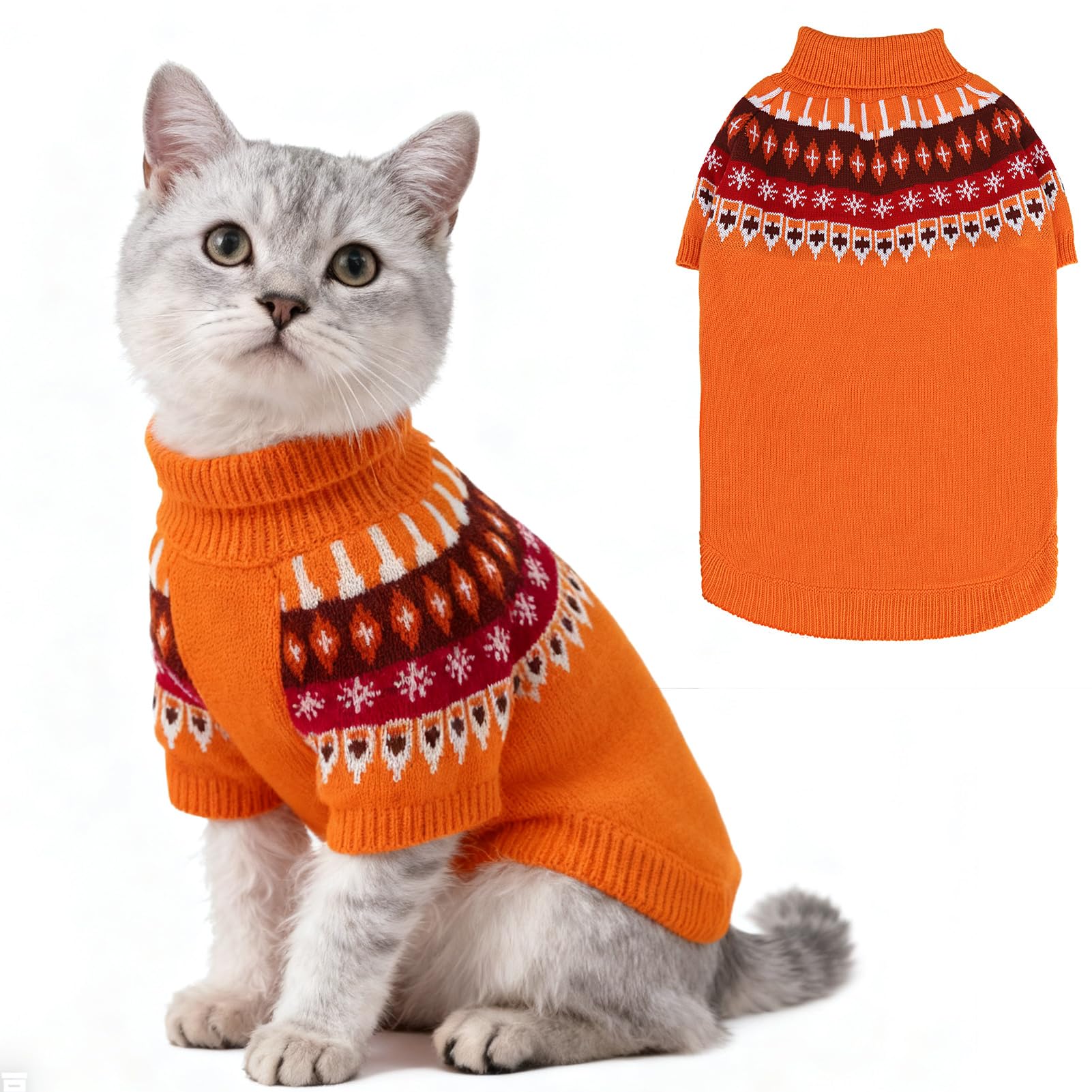 EXPAWLORER Turtleneck Dog Jumper - Knitted Dog Clothes in Classic Fair Isle Patterns, Warm Comfortable Puppy Jumper Pet Sweater with Sleeves, Winter Pet Outfit Pullover for Dogs Cats, Orange Small