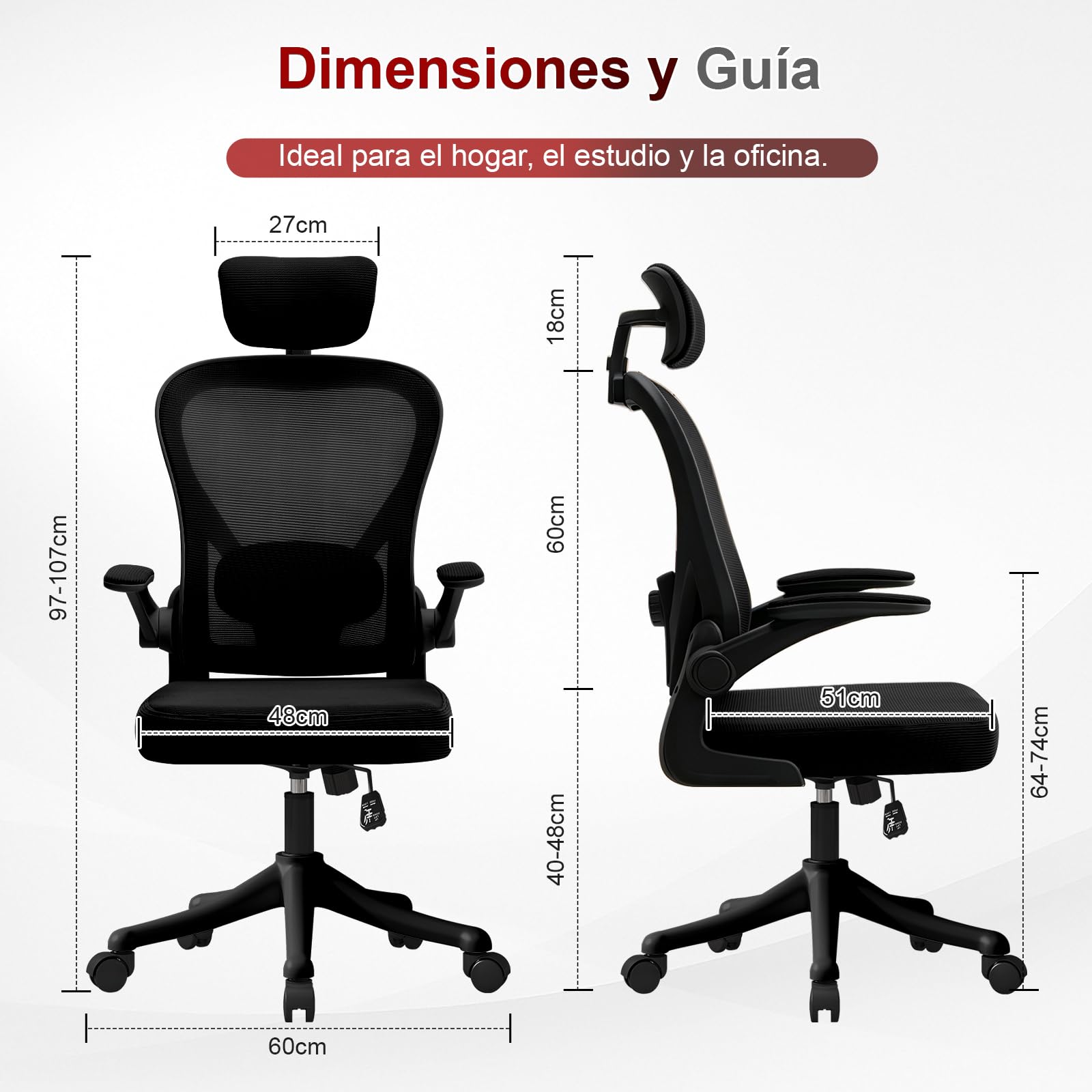Silla Ergonómica de Oficina con Soporte Lumbar Ajustable, Reposacabezas Regulable y Reposabrazos Abatibles, Silla de Malla para Oficina en Casa, Estudio y Uso Diario, Negra
