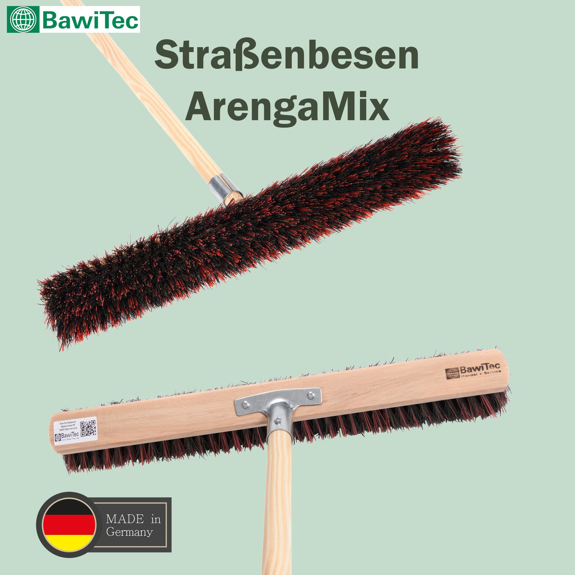 BawiTec Spezialbesen Arenga-Elaston-Borsten-Mix Breite 60cm inkl. stabilem Holzstiel Ø28mm Länge 160cm, Straßenbesen Kehrbesen Besen mit Stiel und Metall-Stielhalterung verschraubt Arengabesen